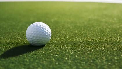 Close-up of a golf ball on the vibrant green turf with morning dew, symbolizing leisure and the game of golf