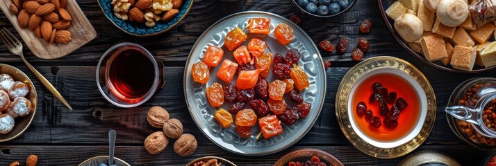 Muslim food during Ramadan on an ebony table, dates, Turkish delight, raisins, nuts, a tray with Turkish tea - obrazy, fototapety, plakaty