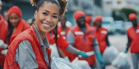 Employees in corporate attire participate in volunteer community service activities embodying company values. Concept Corporate Social Responsibility, Community Engagement, Volunteerism