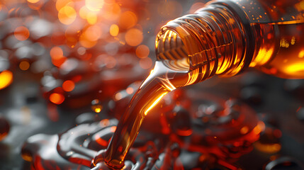 Liquid stream of motorcycle motor oil flows from the neck of the bottle close-up., Poured indu, Pouring oil lubricant, Pouring oil car, Generative Ai - obrazy, fototapety, plakaty