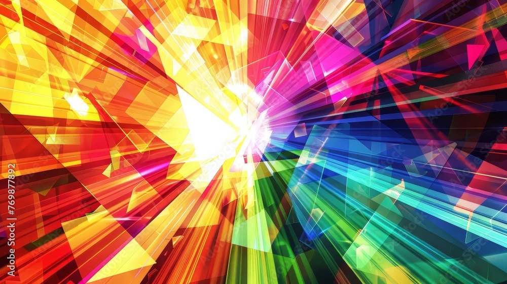 Poster radiant geometric shapes bursting with vibrant colors, creating an energetic and joyful abstract bac