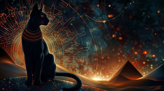 Black cat with mystic background, Bastet goddes from Egypt