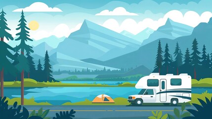 Recreational vehicle camping in nature, flat vector illustration