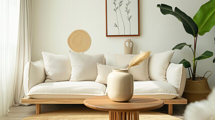 Round wooden coffee table with white sofa. Scandinavian interior design for a modern living room