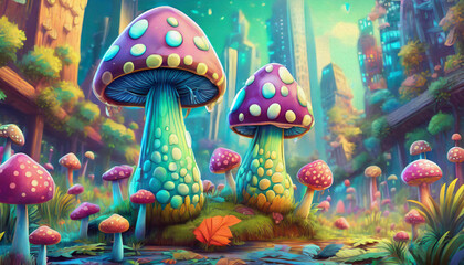 Oil painting style  Funny Mushrooms growing in the city