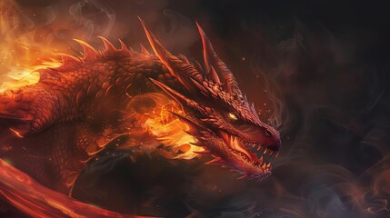Red dragon breathing fire, dark fantasy background, mythological creature portrait, digital painting - obrazy, fototapety, plakaty