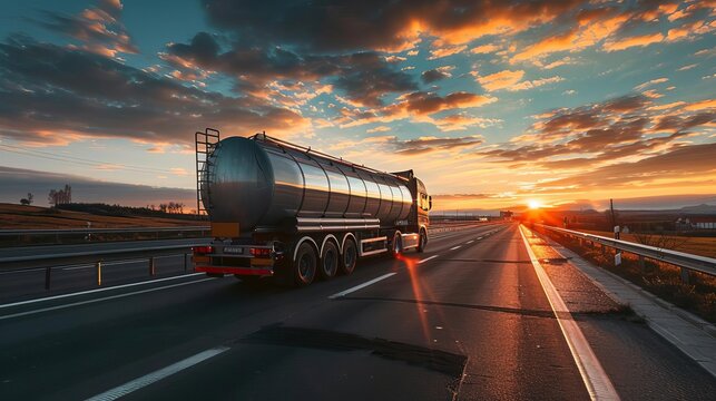 Rear view of fuel tanker truck driving on highway at sunset, transportation industry photo