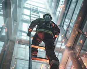 A firefighter climbing a ladder to reach a high floor