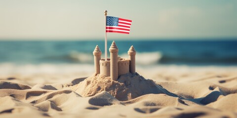 Sand castle on the coast with the US flag. Generative AI.