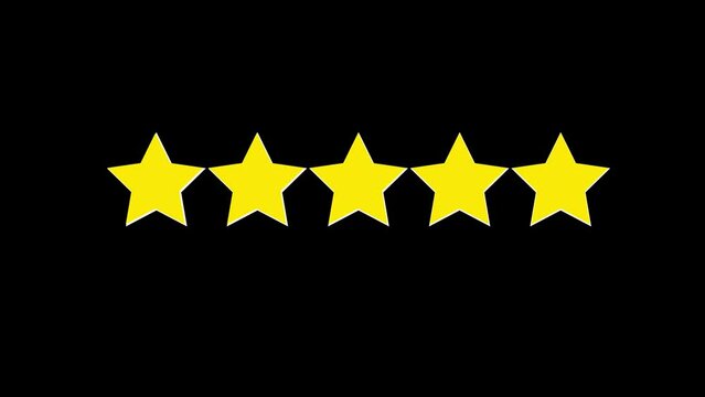 Star rating animation, product performance positive impression. 5 star rating animation.Black Background