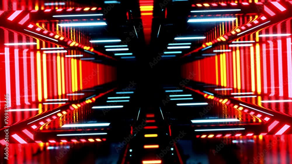 Poster flight through hi-tech technology tunnel with camera shake. neon light, sci-fi constructions, myster