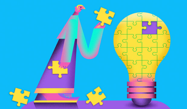 Man completing light bulb jigsaw puzzle 