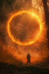 A portal to another dimension in the woods, inside of it is an orange sun made of fire with burning edges and surrounded - obrazy, fototapety, plakaty