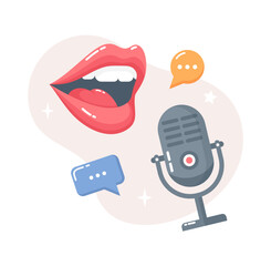 Talking female mouth, microphone and speech bubbles. Podcast concept. Flat vector illustration