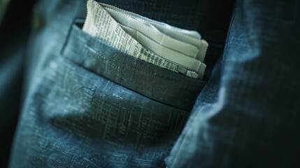 Closeup of a chest with a financial newspaper tucked in the pocket, symbolizing the heart of the economy, 20 free space for future headlines low texture - obrazy, fototapety, plakaty