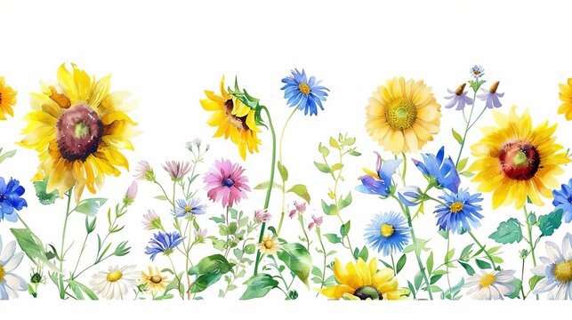 Seamless Watercolor Floral Border with Daisies and Sunflowers, Summer Wildflowers