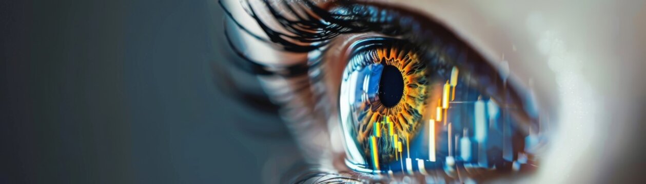 Closeup of an eye, with 20 of the image as free space, reflecting a graph showing economic downturn, symbolizing foresight in economic challenges hyper realistic