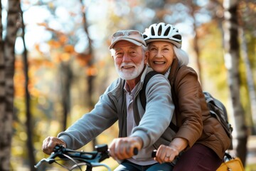 Elderly senior couple, old man and lady, happily riding bicycles in the park, concept of active aging and retirement leisure.