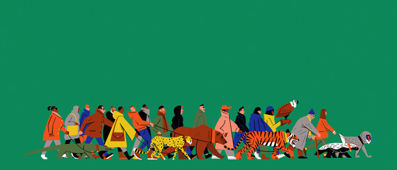 Row of people taking dangerous exotic pets for walk