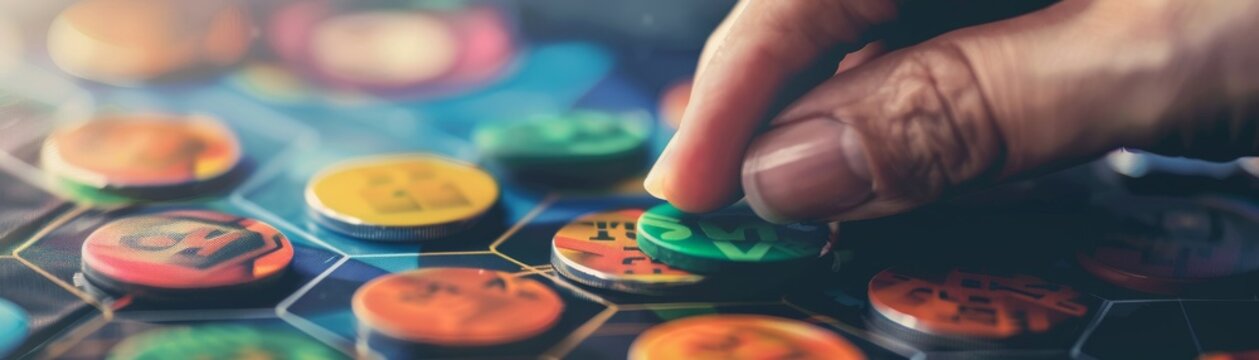 A hand exchanging stock market tokens over a board game, illustrating strategy, with 20 free space around for play and reality blend hyper realistic