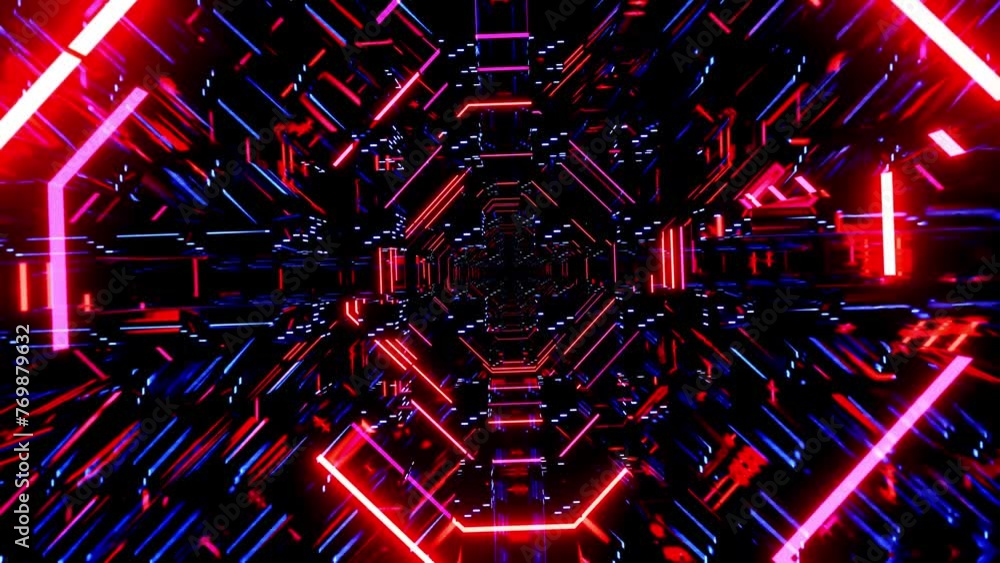 Poster flight through hi-tech technology tunnel with camera shake. neon light, sci-fi constructions, myster
