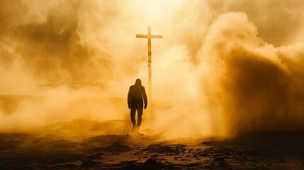 Silhouette of Man in Desert with Cross in Smoke and Dust Under Sun, Spiritual Journey Concept - obrazy, fototapety, plakaty