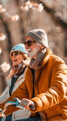 Obraz premium Elderly senior couple, old man and lady, happily riding bicycles in the park, concept of active aging and retirement leisure.