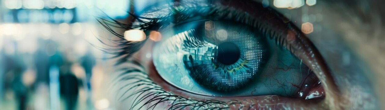 An eye with a reflection of a crowded trading floor, capturing the essence of stock market hustle, 20 free space left for potential movement hyper realistic