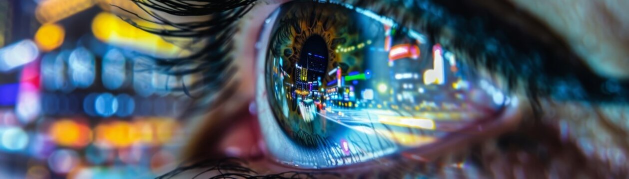 An eye with a reflection of a crowded trading floor, capturing the essence of stock market hustle, 20 free space left for potential movement hyper realistic