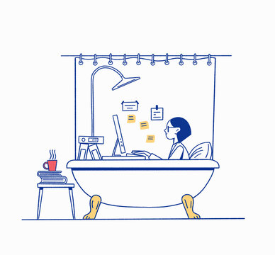 Woman working in bath as home office