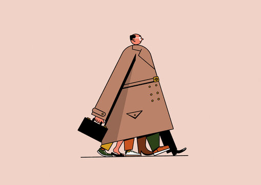 Businessman walking with lots of different legs below large overcoat