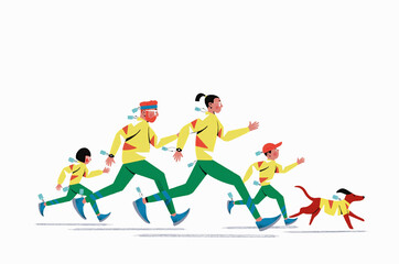Family running with price tags on their sports clothing