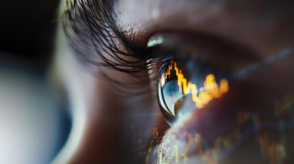 An eye closeup, capturing the reflection of a bullish stock market chart, 20 free space on the right hinting at future growth low texture - obrazy, fototapety, plakaty