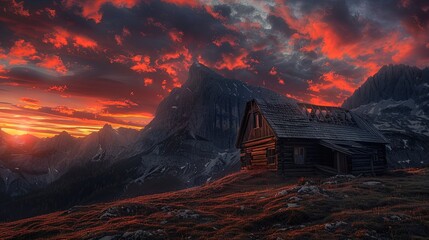 Fiery sunset skies crown an old wooden cabin, a forgotten relic framed by autumn's embrace.