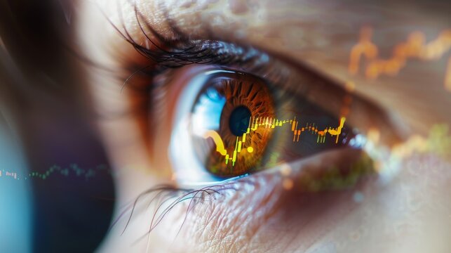 An eye closeup, capturing the reflection of a bullish stock market chart, 20 free space on the right hinting at future growth low texture