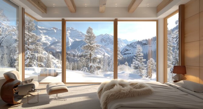 A bedroom with large windows overlooking snow-covered mountains and pine trees