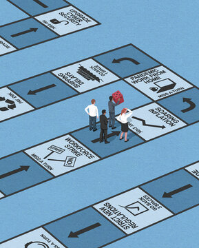 Managers on game board facing lots of problems