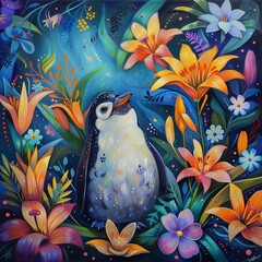 A chubby penguin among vivid lilies, light dancing across the scene, capturing the essence of luminism