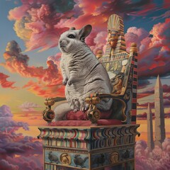 A plump chinchilla perched on a pharaohs throne, rainbow-toned clouds swirling in the ancient sky - obrazy, fototapety, plakaty