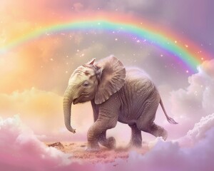 Realistic portrayal of a joyous elephant calf, with a rainbow-toned cloud backdrop, evoking a sense of wonder