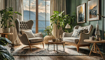 Fototapeta premium Beautiful Interior of living room with armchair with relaxing, wallpapers on digital art concept.