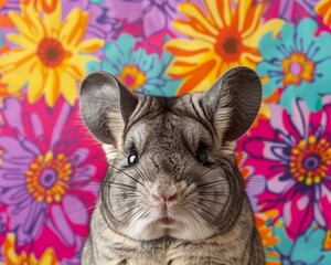 Vivid, close-up portrait of a chubby chinchilla, with a realistic texture against a pop art flower...