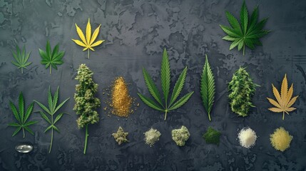 A commercial photograph on the use of sugar cane leaves, when processed into cannabis oil for food purposes or in the manufacture of concentrates, with text inserts briefly explaining each process. - obrazy, fototapety, plakaty