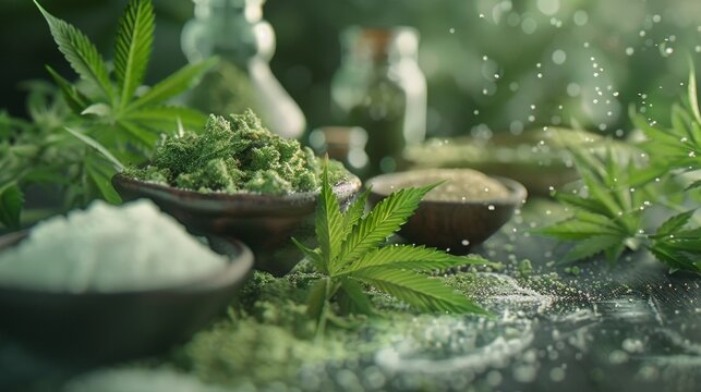 A commercial photograph on the use of sugar cane leaves, when processed into cannabis oil for food purposes or in the manufacture of concentrates, with text inserts briefly explaining each process.