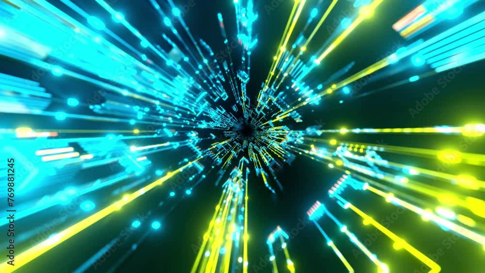 Aufkleber flight through hi-tech technology tunnel with camera shake. neon light in mirror room, sci-fi constr