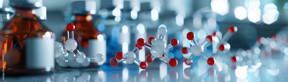 Poster this image features a sleek modern laboratory setting with prominent molecular structure models