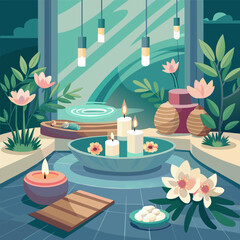 Featuring a serene spa setting with soft lighting and delicate floral arrangements, evoking a sense of relaxation and tranquility
