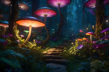 Fototapeta na wymiar magic lamp in the forest,Experience the beauty of nature in this professional rendering of a fairy forest at night. The 4k resolution allows you to see every colorful detail, while the natural lightin