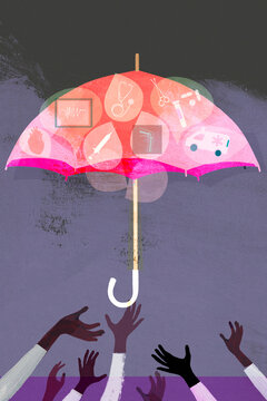 Hands reaching for healthcare umbrella