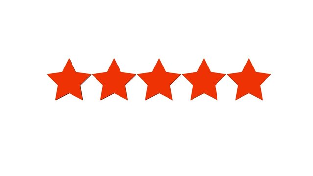 Star rating animation, product performance positive impression. 5 star rating animation. White Color Background
